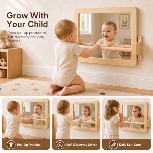 Montessori Baby Mirror with Pull Up Bar, Solid Wood Wall-Mounted Trainer