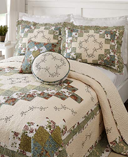 Olivia Quilted Bedspread - Lightweight Cotton King Bedding, Green/Cream
