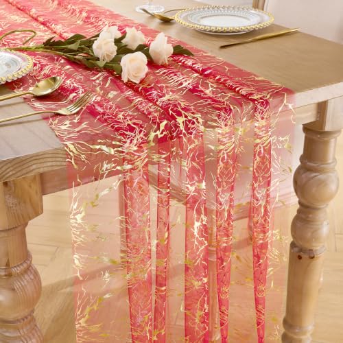Red Gold 29x120 in Metallic Foil Tulle Table Runner - Crackle Sequin Wedding