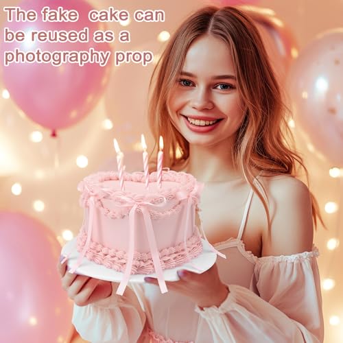 6-Inch Heart Shaped Pink Fake Cake Prop with Bow for Party Decor