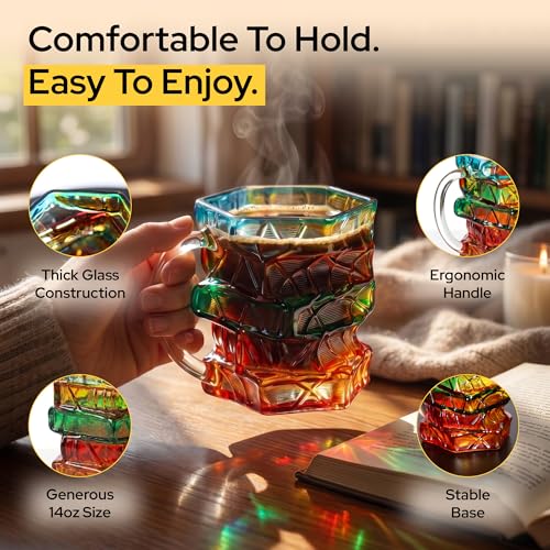 3D Stained Glass Book Mug 14oz – Thick Glass Coffee Tea Cup with Stacked Books Design
