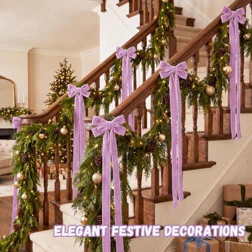 Purple Velvet Ribbon Bows Set of 6 - Long Tail Holiday Tree Decor