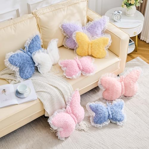 Butterfly Shaped Throw Pillow with Lace Trim, Soft Plush Decorative Cushion