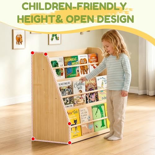 3-Tier Wooden Montessori Bookshelf for Kids - Solid Pine Display