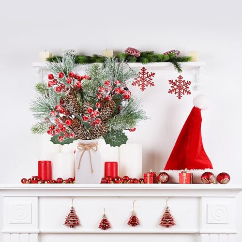 Sggvecsy 6 Pack Frosted Christmas Red Berry Pine Branches with Pine Cones - Green Variant