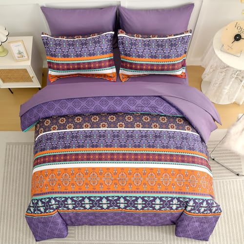 Queen Boho Comforter Set 7-Piece - Purple Paisley Microfiber Bedding Set