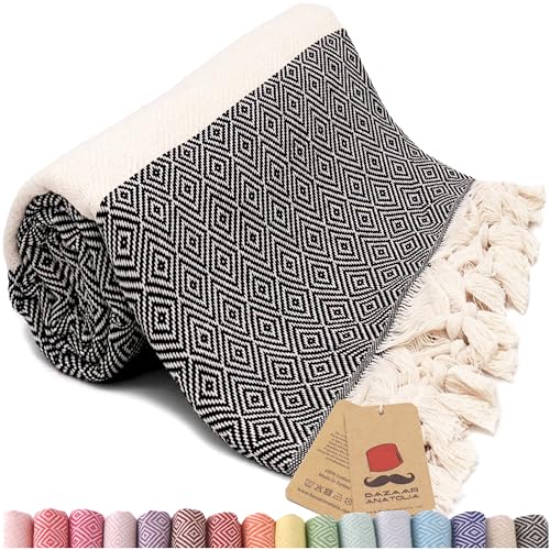 Oversized Turkish Beach Towel, 100% Cotton, 71x39 Inch, Diamond Black