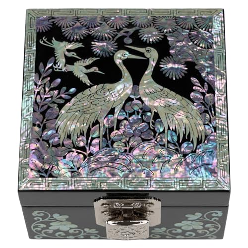 February Mountain Mother-of-Pearl Jewelry Box with Crane Variation - Handcrafted Black Lacquered Keepsake Storage, Red Velvet Interior, Gift for Women