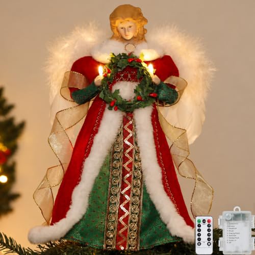 HMASYO Red & Green Angel Tree Topper with Timer Lights, 12" Christmas Decor