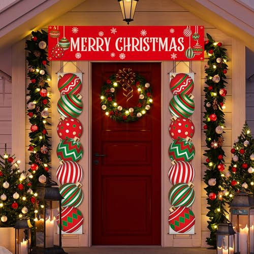 Buryeah 3 Pcs Christmas Door Decorations Outdoor Ball Banner Set - Red & Green