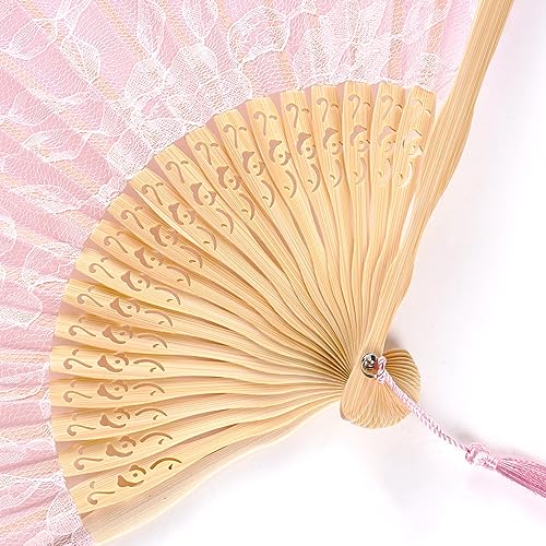 Pink Lace Handheld Bamboo Folding Fan with Tassel for Weddings and Parties