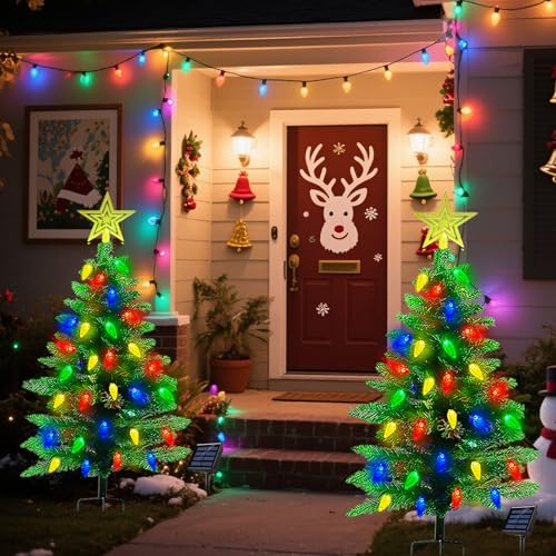 2-Pack 3.6ft Outdoor Solar Christmas Trees with 8-Mode LED Lights