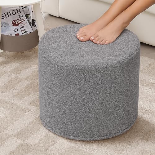 Round Grey Boucle Ottoman - 17.7-Inch Soft Foam Footrest & Extra Seat