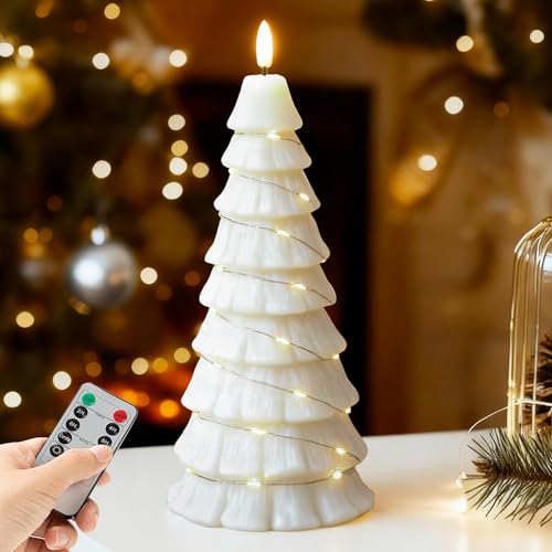 JOIONE White Flameless Christmas Tree Candles with Remote & Flickering Flame - Large Battery Operated LED Decor