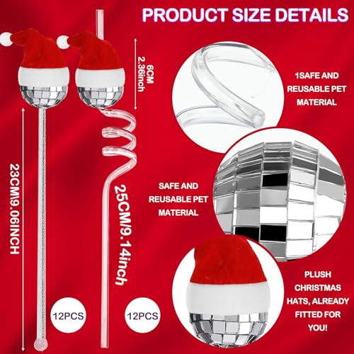Sliner 48 Pack Christmas Disco Ball Straws & Stirrers with Hats - Reusable Plastic Cocktail Accessories for Holiday Parties