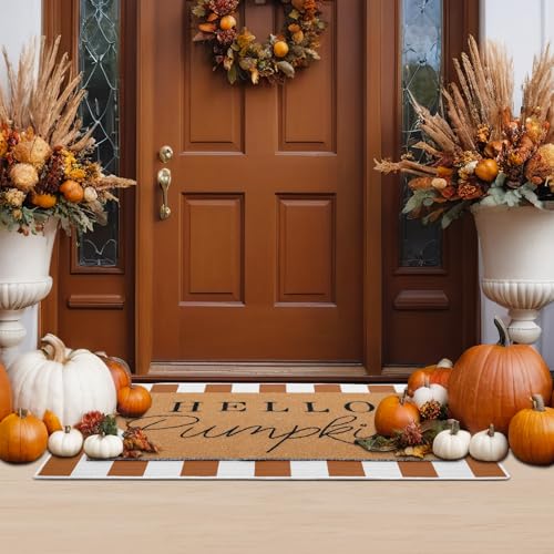 Hello Pumpkin 2-Piece Layered Doormat Set for Fall Farmhouse Entryway