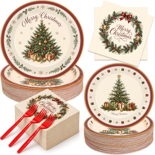 NestSail 200PCS Christmas Paper Plates Set 9x7 Inch for 50 Guests, Festive Holiday Tableware