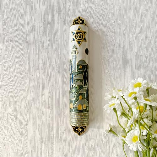 Hand-Painted Enamel Mezuzah Case with Star of David and Jerusalem Motifs