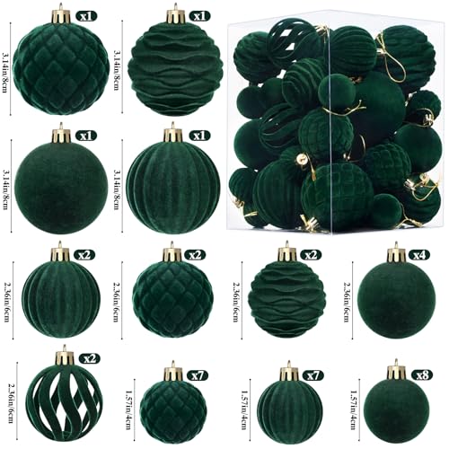 Waipfaru 38Pcs Green Velvet Christmas Ornaments Set - Shatterproof Holiday Decorations