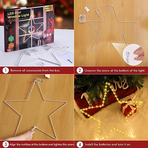 Marchpower 19-Inch Battery-Operated Christmas Window Star Lights with Timer - 70 LED Warm White Large Star Decoration - Indoor/Outdoor Wedding Party Home Décor - Star / 1