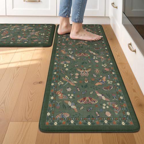 Anti-Fatigue Kitchen Mat Set, Cushioned Waterproof Sage Green Rugs 2-Piece