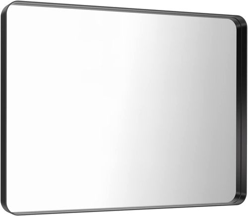 LOAAO Black Metal Framed Bathroom Mirror - 40x30 Inch Rounded Rectangle, Anti-Rust Tempered Glass, Versatile Hanging Options