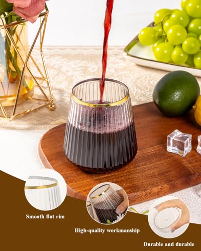 36 Pack 12oz Stemless Plastic Wine Glasses with Gold Rim, Ribbed Design