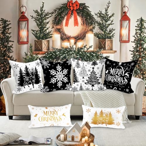 Lanpn 20x20 Black Christmas Pillow Covers Set of 4 Winter Holiday Decorative Cushion Cases