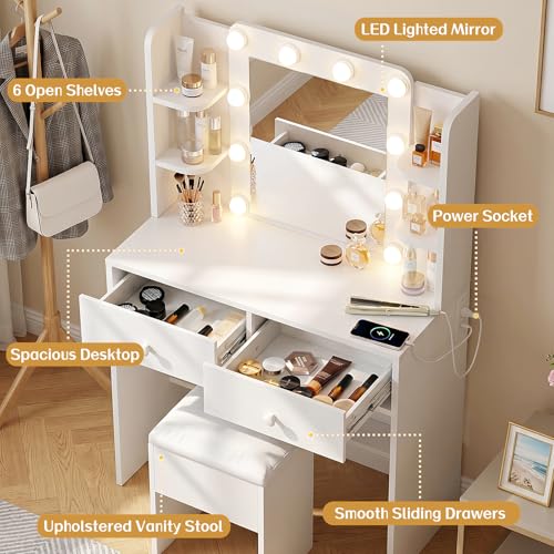 Makeup Vanity Desk Set with LED Mirror, Charging Station and Stool