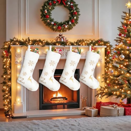 4PCS White Christmas Stockings with Gold Sequin Snowflake Reindeer