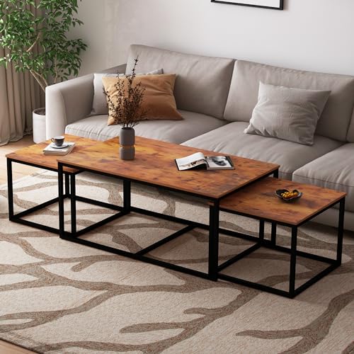 3-Piece Industrial Nesting Coffee Table Set, Space-Saving Wood Side Tables