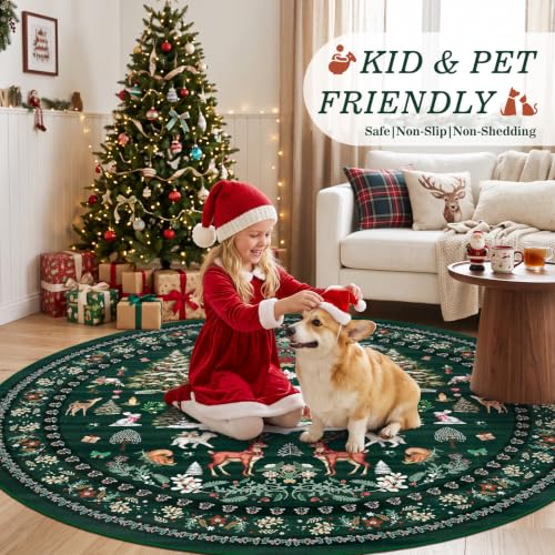 Geanlod 6' Round Christmas Rug - Green, Washable Non-Slip Reindeer & Santa