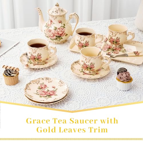YOLIFE Pink Rose Tea Saucers Set of 4, 5.8-Inch Fine Porcelain Tea Plates