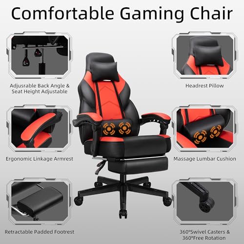 Ergonomic Gaming Chair with Retractable Footrest and Massage Lumbar Support