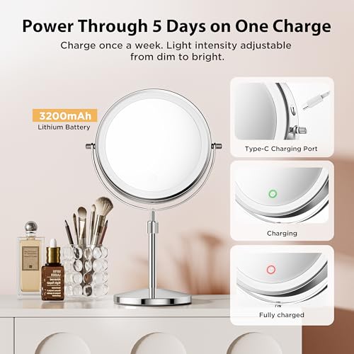 Double-Sided Makeup Mirror with Light, 1X/30X, 3 Colors, 3200mAh