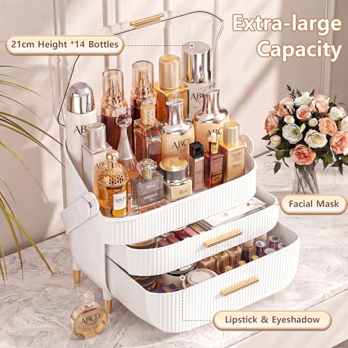 NestOrganix White & Gold Makeup Organizer with Drawers - Cosmetic Storage Case