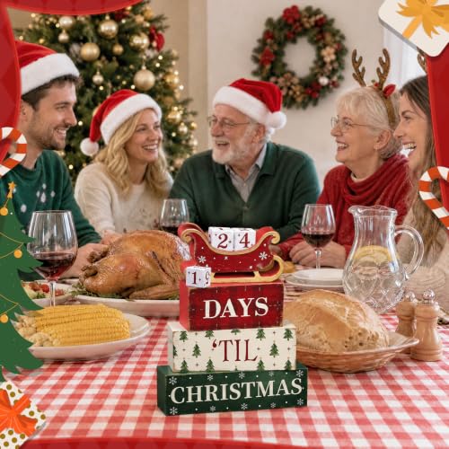 BORORO Christmas Countdown Sleigh Decor - Rustic Wood Countdown Blocks, Days ’Til Christmas, One Size