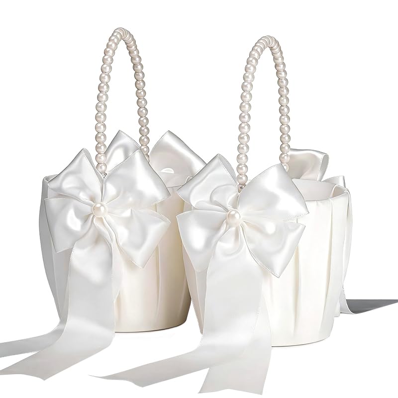 Ivory Flower Girl Baskets with Pearl Handles, Set of 2 for Wedding Ceremony