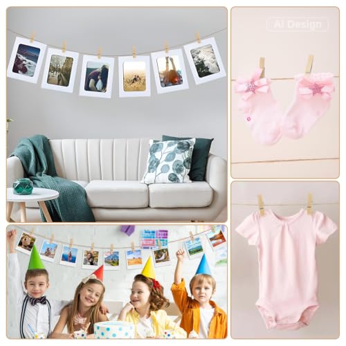 100 Pcs Mini Wooden Clothespins with Jute Twine for Photo Displays