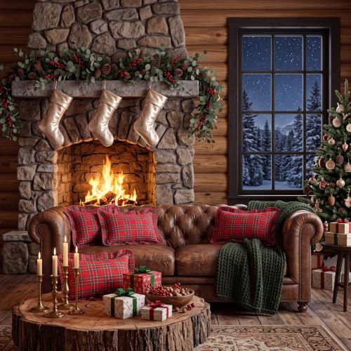 Irenare 2 Pack Christmas Tartan Pillow Covers 20x12in Red Ruffle Plaid Decor