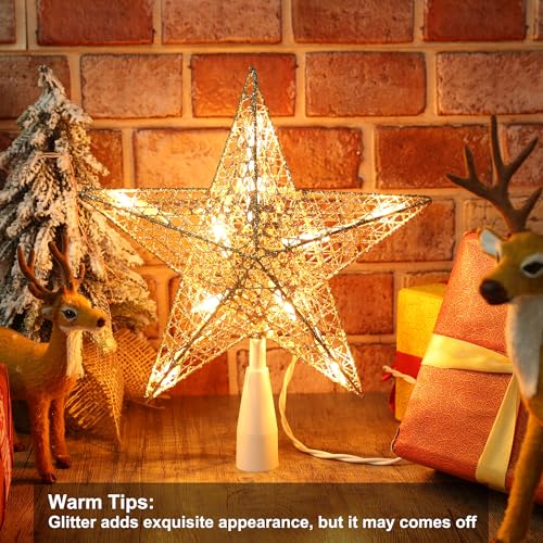 Gold Christmas Tree Topper - 9 Inch Pre-Lit Warm Star Treetop Decor