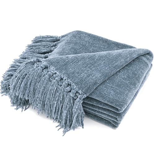 Chenille Throw Blanket 50x60, Soft Lightweight Knit with Fringe Tassels