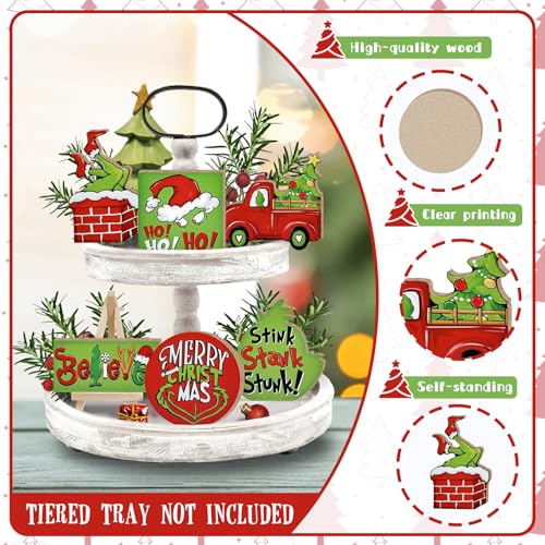 7 Pcs Merry Christmas Tiered Tray Decor, Red Green Xmas Truck Stink