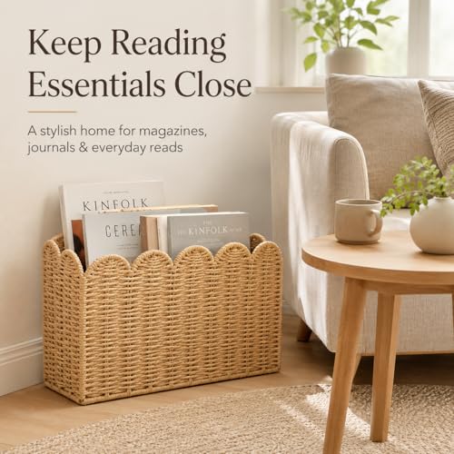 Tall Narrow Magazine Holder, Handwoven Scalloped Paper Rope Basket