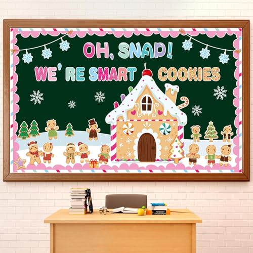 Christmas Bulletin Board Decorations Set with Borders - Gingerbread Men & House Cutouts for Classroom Holiday Decor