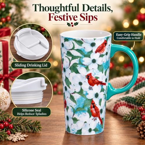 Topadorn 17oz Cardinal Dogwood Mug with Teal Handle & Lid - Redbird & Flower
