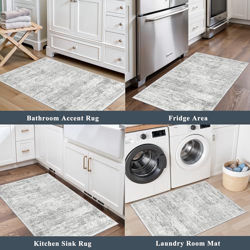 2-Piece Non-Slip Kitchen Rug Set, Washable Farmhouse Floor Mats (Grey Ivory)