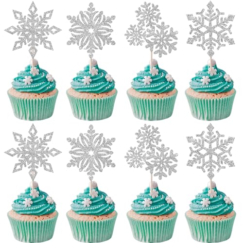 Rsstarxi 36 Pack Snowflake Cupcake Toppers – Silver Glitter Snowflake Picks for Christmas & Winter Parties (Design 6)