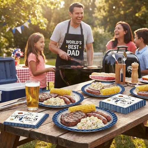 Father's Day Paper Plates and Napkins Set - Blue Plaid Theme, 50 pcs