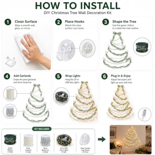 6 Pcs Christmas Wall Tree Kit with Pearl Garland & USB Fairy Lights